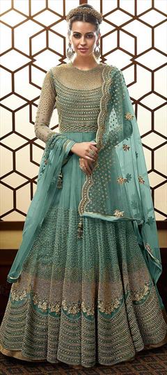 Bollywood Blue color Salwar Kameez in Net fabric with Anarkali Embroidered, Stone, Thread, Zari work : 1856742