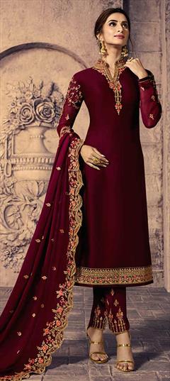 Bollywood Red and Maroon color Salwar Kameez in Georgette fabric with Straight Embroidered, Stone, Thread, Zari work : 1856746