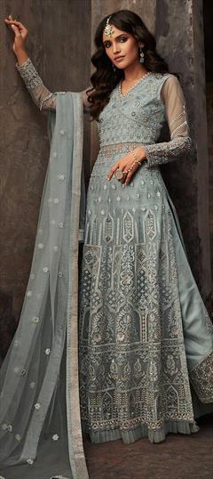 Bollywood Blue color Salwar Kameez in Net fabric with Straight Embroidered, Stone, Zari work : 1856769