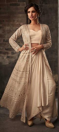 Bollywood Beige and Brown color Salwar Kameez in Net fabric with Dhoti Embroidered, Stone, Zari work : 1856772