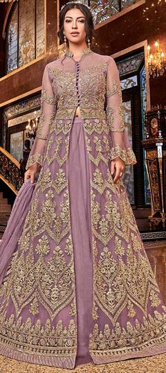 Bollywood Purple and Violet color Salwar Kameez in Net fabric with Slits Embroidered, Stone, Zari work : 1856776