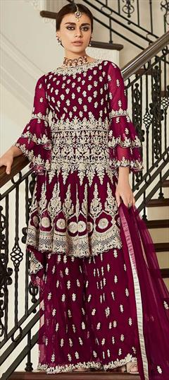 Bollywood Pink and Majenta color Salwar Kameez in Net fabric with Palazzo, Straight Embroidered, Stone, Zari work : 1856778