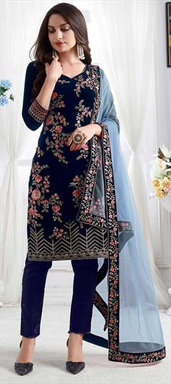 Bollywood Blue color Salwar Kameez in Velvet fabric with Straight Embroidered, Stone, Zari work : 1856779