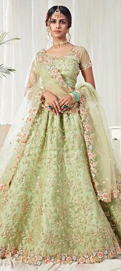 Bollywood Green color Lehenga in Net fabric with Embroidered, Sequence, Zari work : 1856798