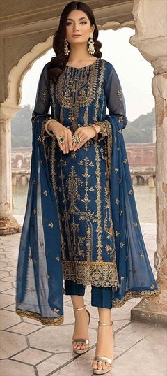 Festive, Reception Blue color Salwar Kameez in Georgette fabric with Straight Embroidered, Sequence, Thread work : 1856818