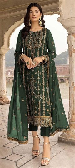 Party Wear, Reception Green color Salwar Kameez in Georgette fabric with Straight Embroidered, Sequence, Thread work : 1856824