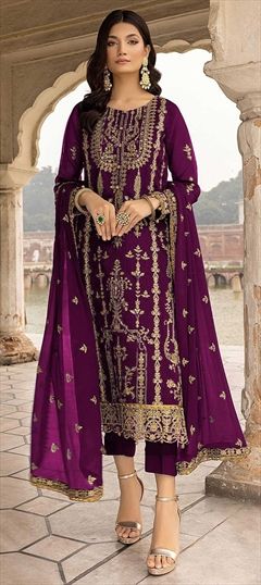 Party Wear, Reception Pink and Majenta color Salwar Kameez in Georgette fabric with Straight Embroidered, Sequence, Thread work : 1856825