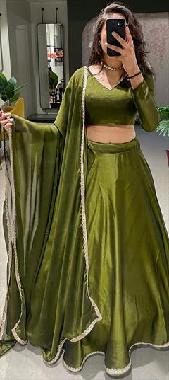 Mehendi Sangeet, Reception Green color Lehenga in Silk fabric with A Line Border work : 1856840