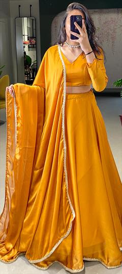 Mehendi Sangeet, Reception Yellow color Lehenga in Silk fabric with A Line Border work : 1856841