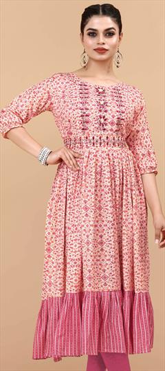 Casual Pink and Majenta color Kurti in Rayon fabric with Anarkali Embroidered, Floral work : 1856856
