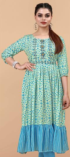 Casual Blue color Kurti in Rayon fabric with Anarkali Floral, Printed work : 1856859