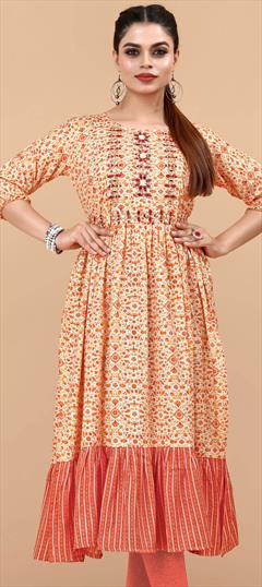 Casual Orange color Kurti in Rayon fabric with Anarkali Floral, Printed work : 1856862