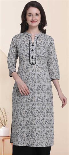 Casual Black and Grey color Kurti in Cotton fabric with Long Sleeve, Straight Floral, Printed work : 1856880