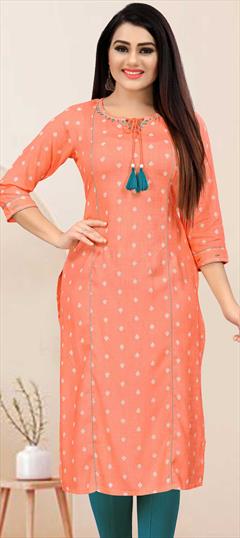 Casual Pink and Majenta color Kurti in Rayon fabric with Long Sleeve, Straight Printed work : 1856881