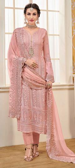 Bollywood Pink and Majenta color Salwar Kameez in Georgette fabric with Straight Embroidered, Stone, Thread, Zari work : 1856937