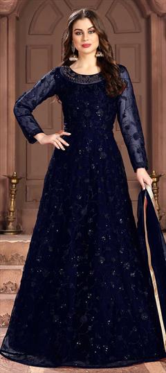 Bollywood Blue color Salwar Kameez in Net fabric with Anarkali Embroidered, Stone, Thread, Zari work : 1856942