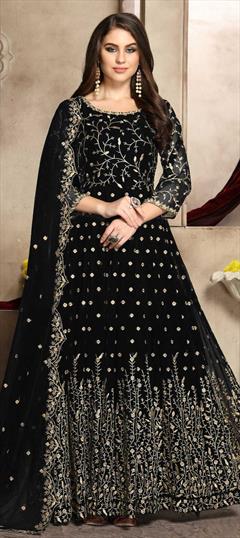Bollywood Black and Grey color Salwar Kameez in Georgette fabric with Anarkali Embroidered, Stone, Thread, Zari work : 1856959