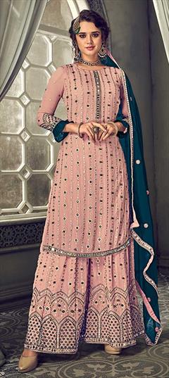 Bollywood Pink and Majenta color Salwar Kameez in Georgette fabric with Palazzo, Straight Embroidered, Stone, Thread, Zari work : 1856961