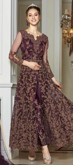 Bollywood Purple and Violet color Salwar Kameez in Net fabric with Slits Embroidered, Stone, Thread, Zari work : 1856964