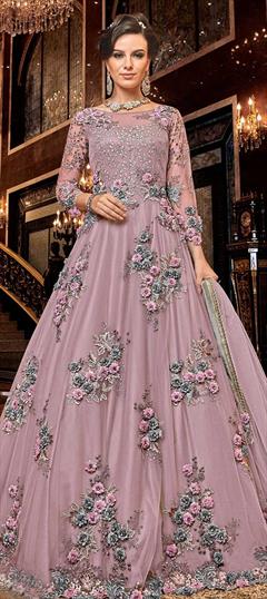 Bollywood Purple and Violet color Salwar Kameez in Net fabric with Anarkali Embroidered, Stone, Thread, Zari work : 1856970