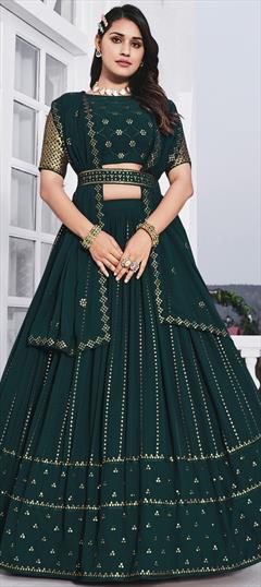 Party Wear, Reception Blue color Lehenga in Georgette fabric with A Line Embroidered, Resham, Sequence, Thread work : 1856972