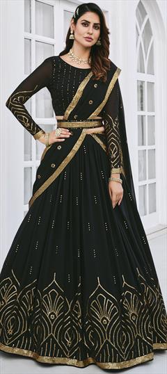 Party Wear, Reception Black and Grey color Lehenga in Georgette fabric with A Line Embroidered, Resham, Sequence, Thread work : 1856973