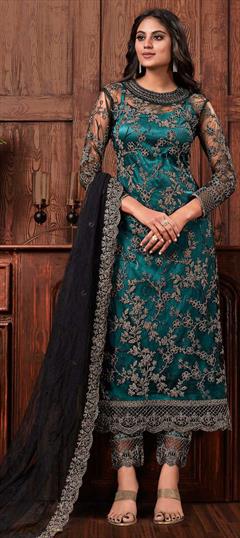 Bollywood Blue color Salwar Kameez in Net fabric with Straight Embroidered, Stone, Thread, Zari work : 1856975