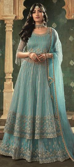 Bollywood Blue color Long Lehenga Choli in Net fabric with Embroidered, Stone, Thread, Zari work : 1856982