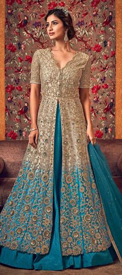 Bollywood Beige and Brown, Blue color Long Lehenga Choli in Net fabric with Embroidered, Stone, Thread, Zari work : 1856987