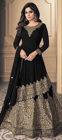 Bollywood Black and Grey color Long Lehenga Choli in Georgette fabric with Embroidered, Stone, Thread, Zari work : 1856988
