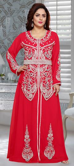Reception, Wedding Red and Maroon color Kaftan in Faux Georgette fabric with Cut Dana, Stone work : 1857063