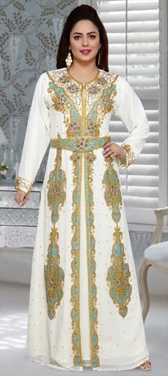 Festive, Reception White and Off White color Kaftan in Faux Georgette fabric with Embroidered, Stone, Thread work : 1857069