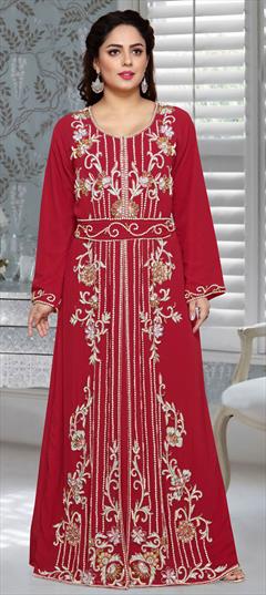 Festive, Reception Red and Maroon color Kaftan in Faux Georgette fabric with Cut Dana, Stone work : 1857071