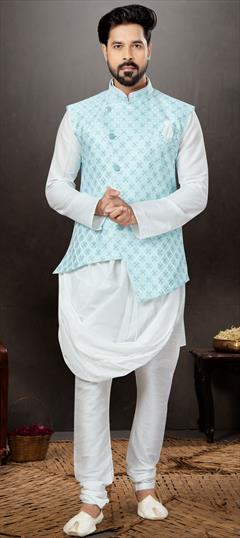 White and Off White color Kurta Pyjama with Jacket in Dupion Silk fabric with Weaving work : 1857172