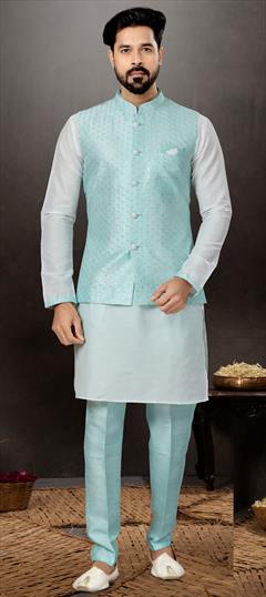 White and Off White color Kurta Pyjama with Jacket in Dupion Silk fabric with Sequence, Thread, Weaving work : 1857174