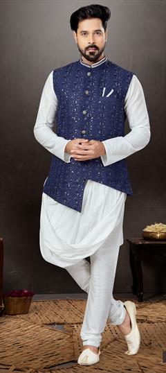 White and Off White color Kurta Pyjama with Jacket in Dupion Silk fabric with Embroidered, Sequence, Thread work : 1857176