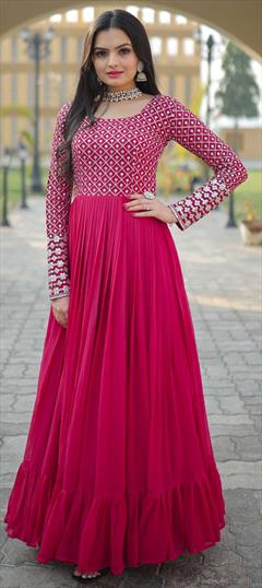 Party Wear, Reception Pink and Majenta color Gown in Georgette fabric with Embroidered, Sequence, Thread, Zari work : 1857241