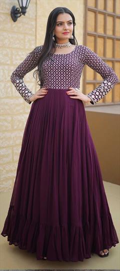 Party Wear, Reception Purple and Violet color Gown in Georgette fabric with Embroidered, Sequence, Thread, Zari work : 1857242