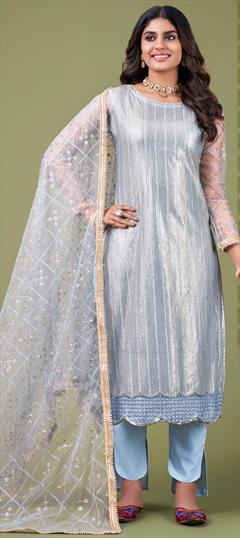 Designer Blue color Salwar Kameez in Net fabric with Straight Embroidered, Sequence, Thread work : 1857272