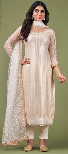Designer White and Off White color Salwar Kameez in Net fabric with Straight Embroidered, Sequence, Thread work : 1857273