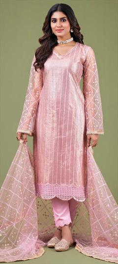 Designer Pink and Majenta color Salwar Kameez in Net fabric with Straight Embroidered, Sequence, Thread work : 1857274