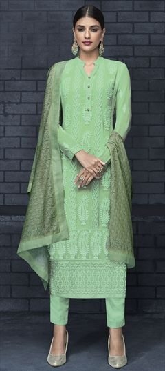 Bollywood Green color Salwar Kameez in Georgette fabric with Straight Embroidered, Stone, Thread, Zari work : 1857300