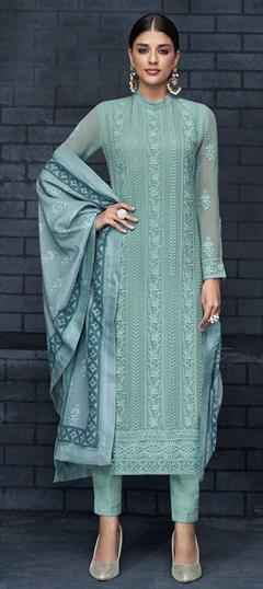 Bollywood Blue color Salwar Kameez in Georgette fabric with Straight Embroidered, Stone, Thread, Zari work : 1857301