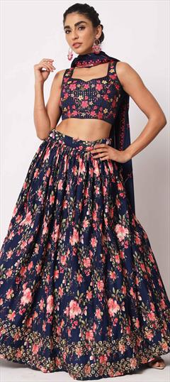 Engagement, Reception Blue color Lehenga in Art Silk fabric with A Line Embroidered, Floral, Printed, Sequence, Thread work : 1857304