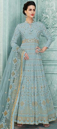 Bollywood Blue color Salwar Kameez in Georgette fabric with Anarkali Embroidered, Stone, Thread, Zari work : 1857309