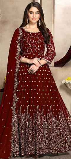 Bollywood Red and Maroon color Salwar Kameez in Georgette fabric with Anarkali Embroidered, Stone, Thread, Zari work : 1857346