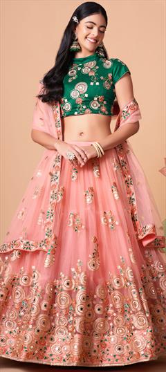 Party Wear, Reception Pink and Majenta color Lehenga in Net fabric with A Line Embroidered, Mirror, Sequence, Thread, Zari work : 1857416