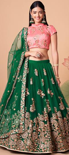 Party Wear, Reception Green color Lehenga in Net fabric with A Line Embroidered, Mirror, Sequence, Thread, Zari work : 1857417