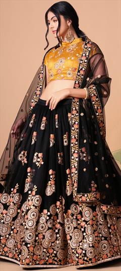 Party Wear, Reception Black and Grey color Lehenga in Net fabric with A Line Embroidered, Mirror, Sequence, Thread, Zari work : 1857418
