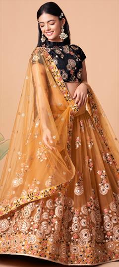 Party Wear, Reception Gold color Lehenga in Net fabric with A Line Embroidered, Mirror, Sequence, Thread, Zari work : 1857420